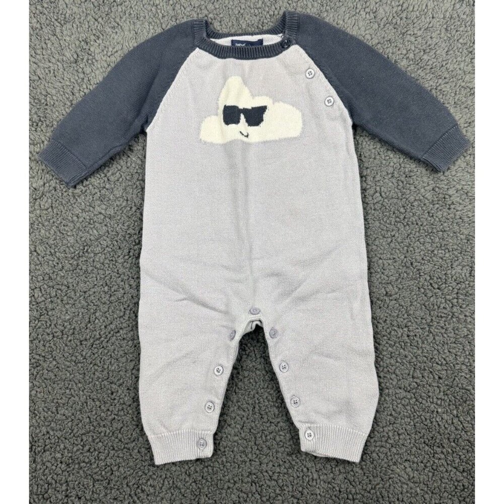 BOYS GAP BABY 3-6 MONTHS GRAY LILAC LONG SLEEVED COOL CLOUD ROMPER KNIT ONE 3 6